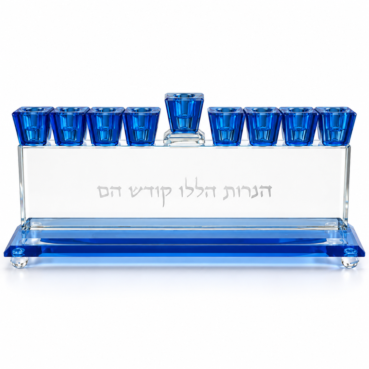 Blue crystal Hanukkah menorah with nine cobalt-blue cups and Hebrew engraving, front view