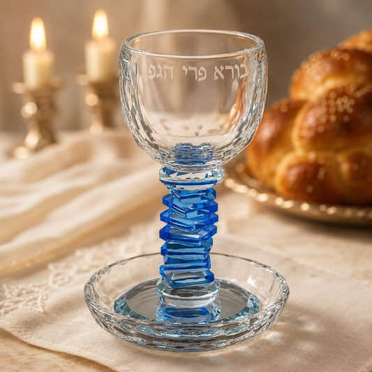 Clear crystal Kiddush cup with blue geometric stem and saucer staged for Shabbat