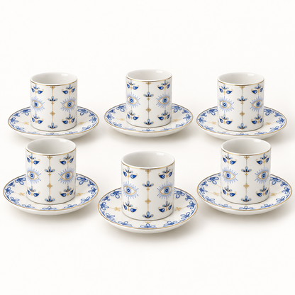 Blue evil-eye 12-piece coffee set with six cups and six saucers