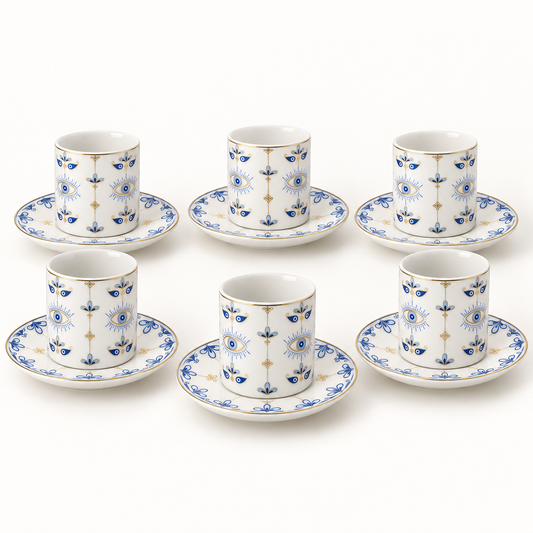 Blue evil-eye 12-piece coffee set with six cups and six saucers