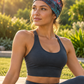 Model wearing teal mandala wide boho headband