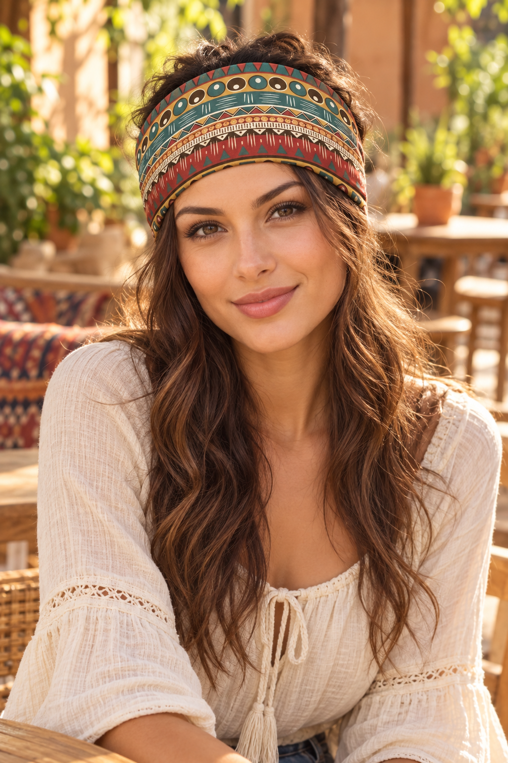 Model wearing tribal stripe wide boho headband