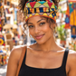 Model wearing vibrant geometric wide boho headband