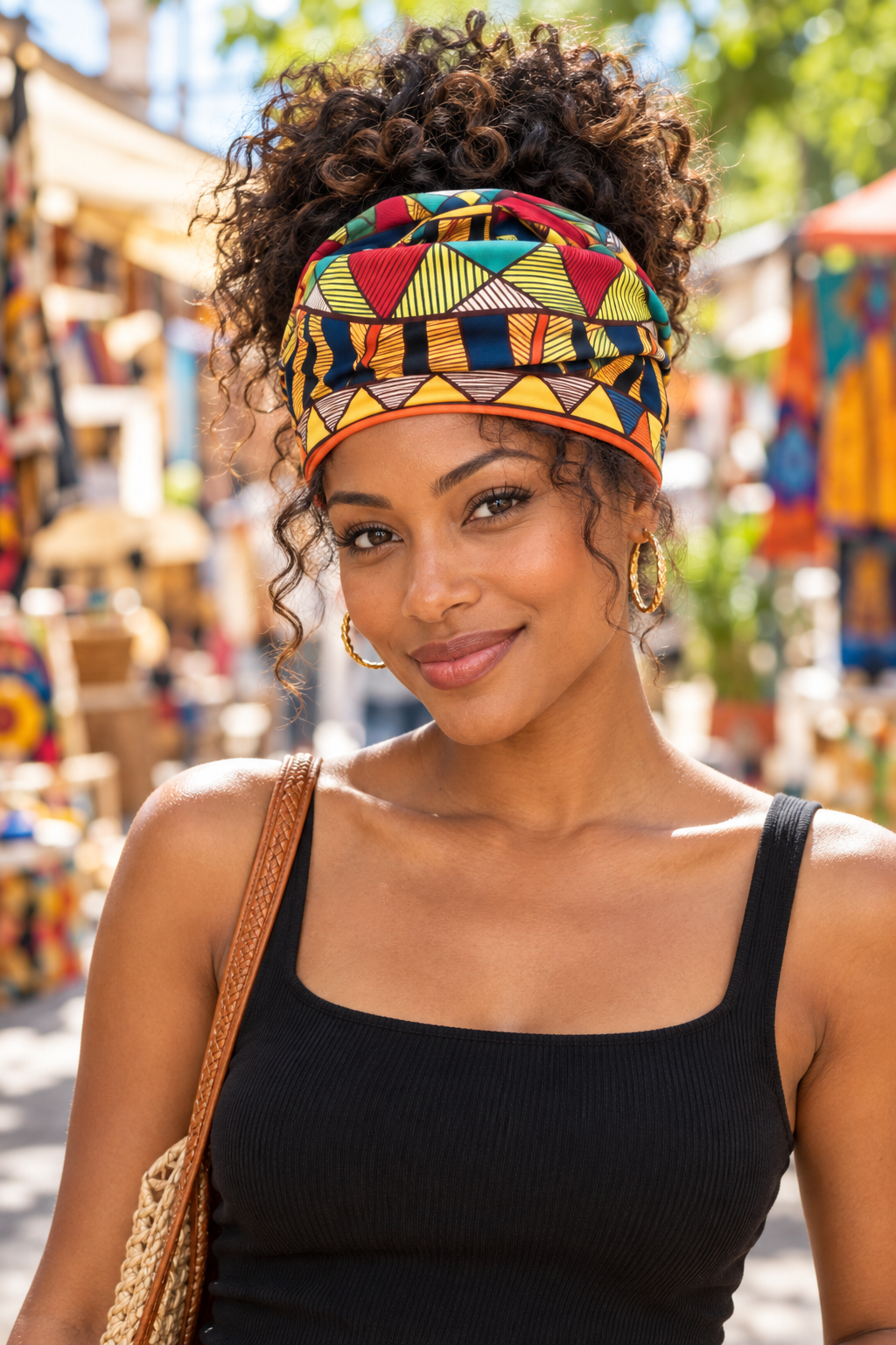 Model wearing vibrant geometric wide boho headband
