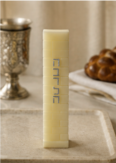 Cream brick-style Havdalah candle with silver Hebrew lettering staged on a warm Shabbat table