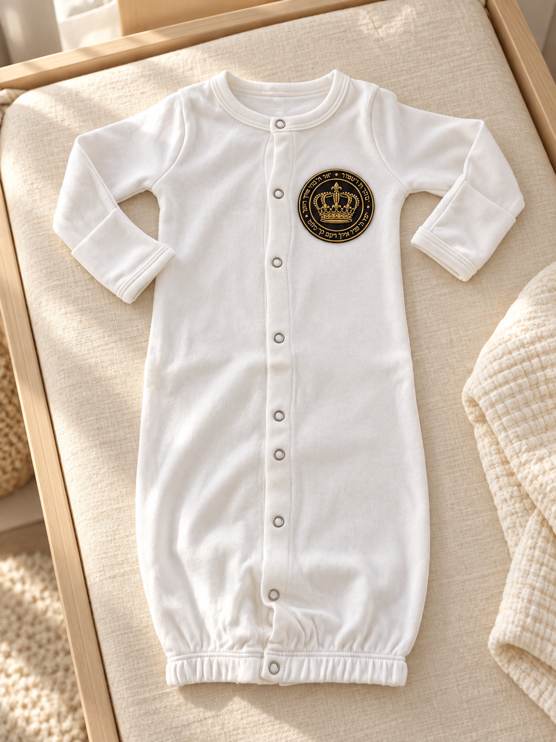 White Brit Milah baby gown with black and gold crown patch styled on ivory nursery linen
