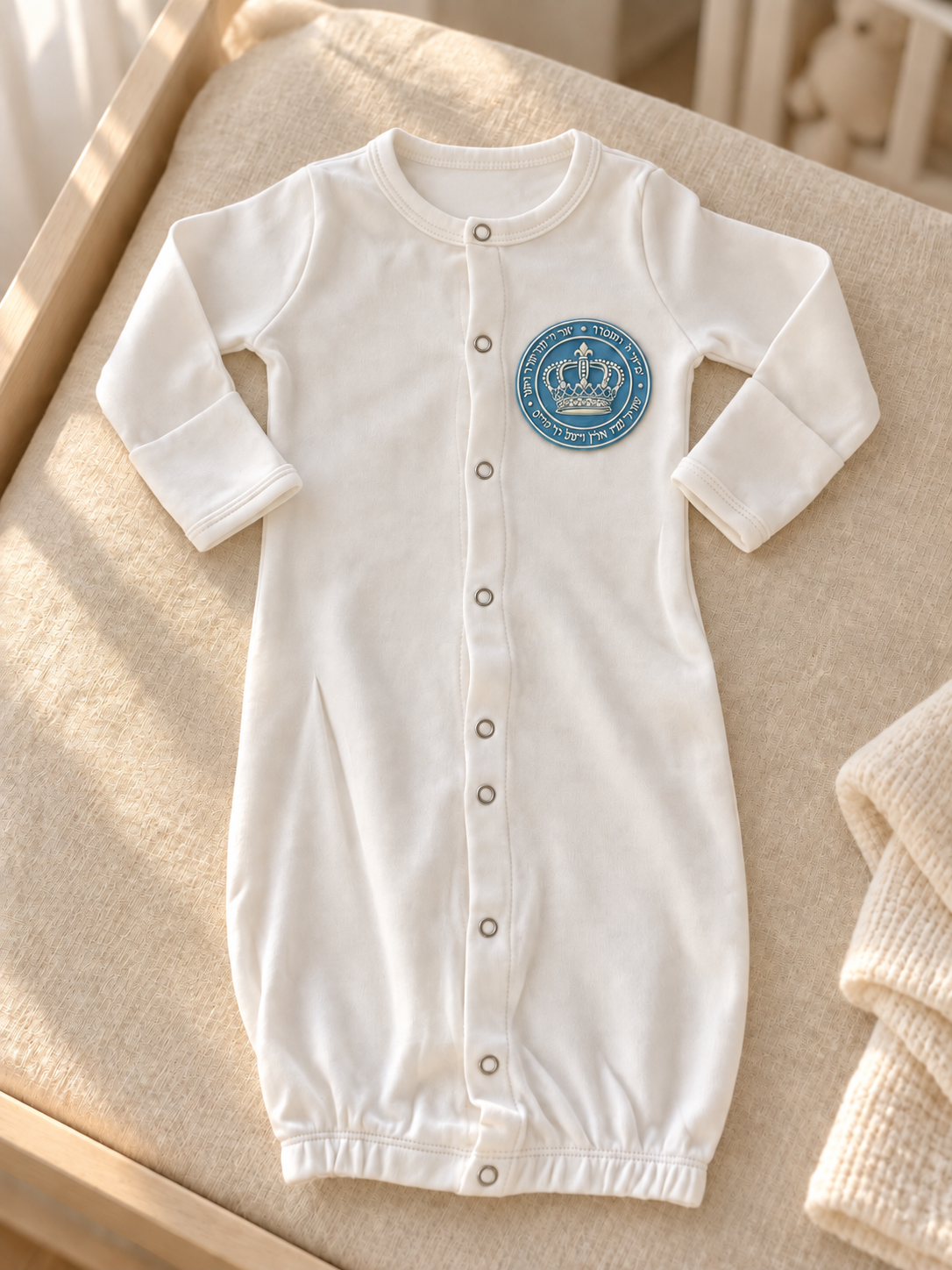 White Brit Milah baby gown with blue crown patch styled on ivory nursery linen