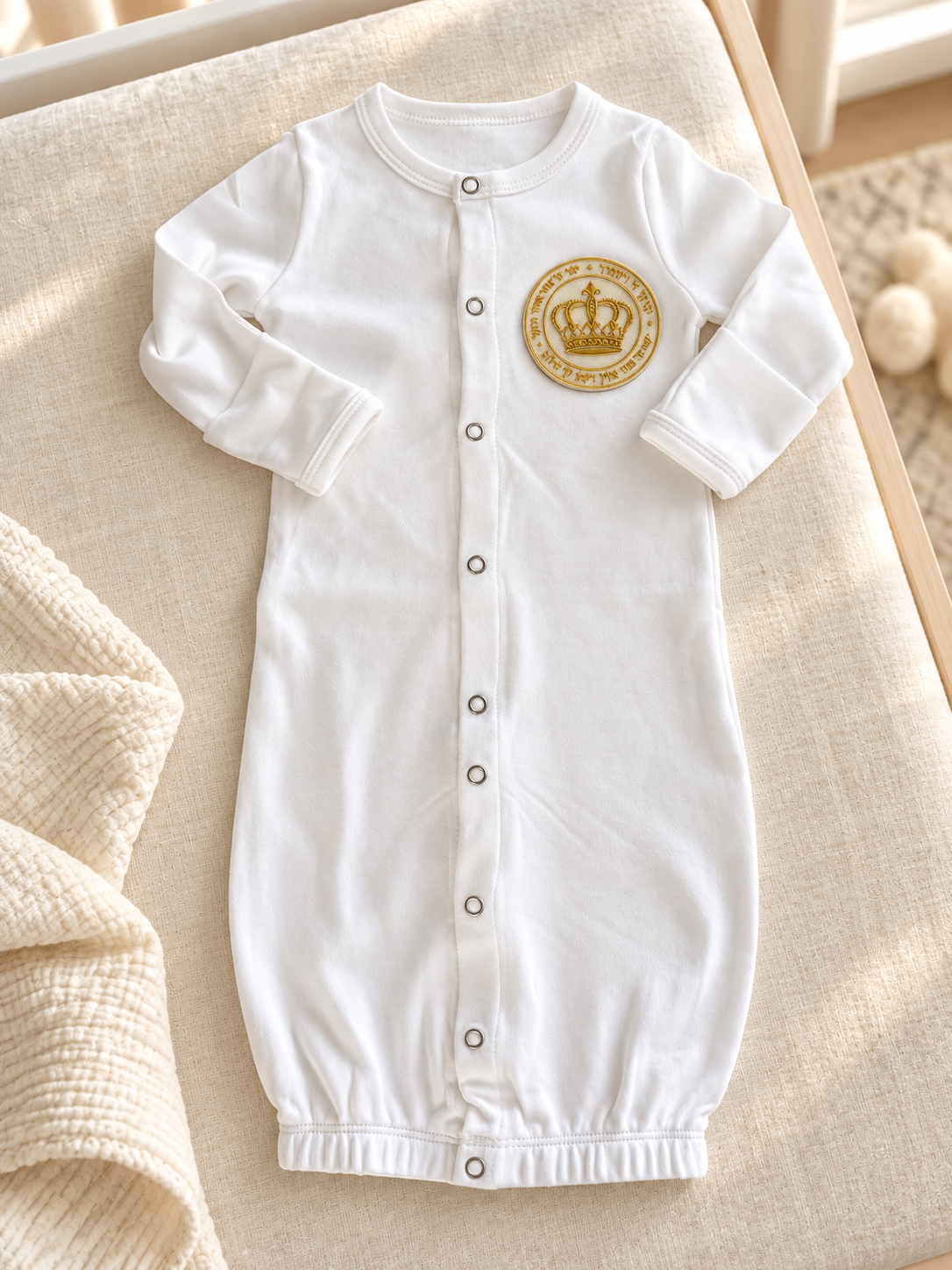 White Brit Milah crown patch baby gown styled on an ivory nursery linen surface