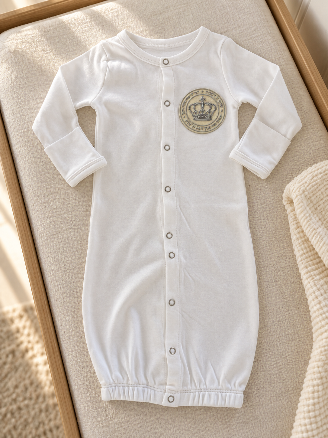 White Brit Milah baby gown with silver crown patch styled on ivory nursery linen