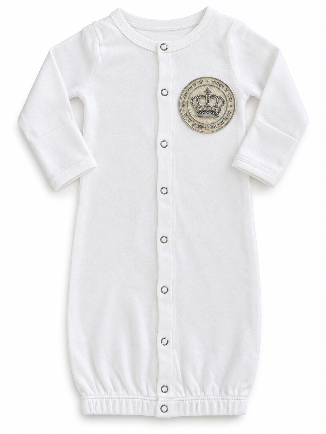 White Brit Milah baby gown with ivory and silver Birkat Kohanim crown silicone patch
