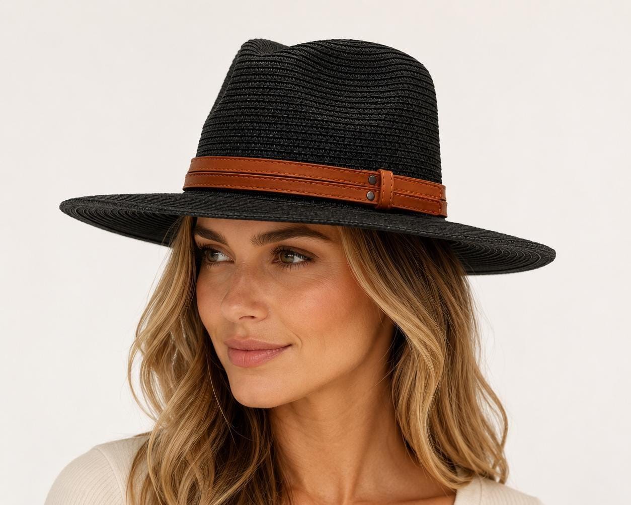 Woven Straw Fedora Hat | Wide Brim Sun Protection, Faux Leather Band