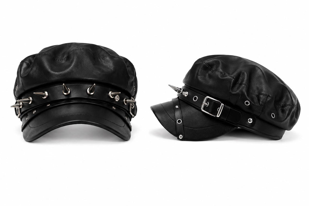 Black Faux Leather Spiked Biker Newsboy Cap | Punk Gothic Buckle Hat