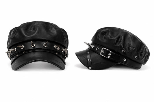Black Faux Leather Spiked Biker Newsboy Cap | Punk Gothic Buckle Hat