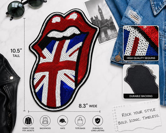Large Sequin Union Jack Tongue Patch Red White Blue Rock Style Back Patch for Denim Jackets Vests Bags DIY Fashion