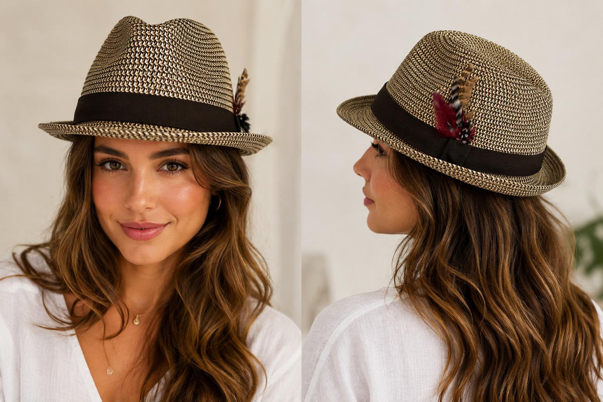 Unisex Woven Straw Fedora Hat | Feather Accent, Brown Band, Lightweight Trilby