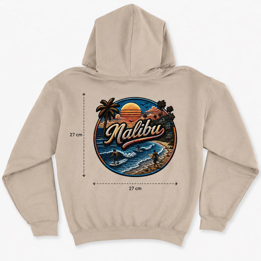 Malibu Beach Sunset Heat Transfer Decal – 27cm Retro Surf & Palm Tree Iron-On Transfer