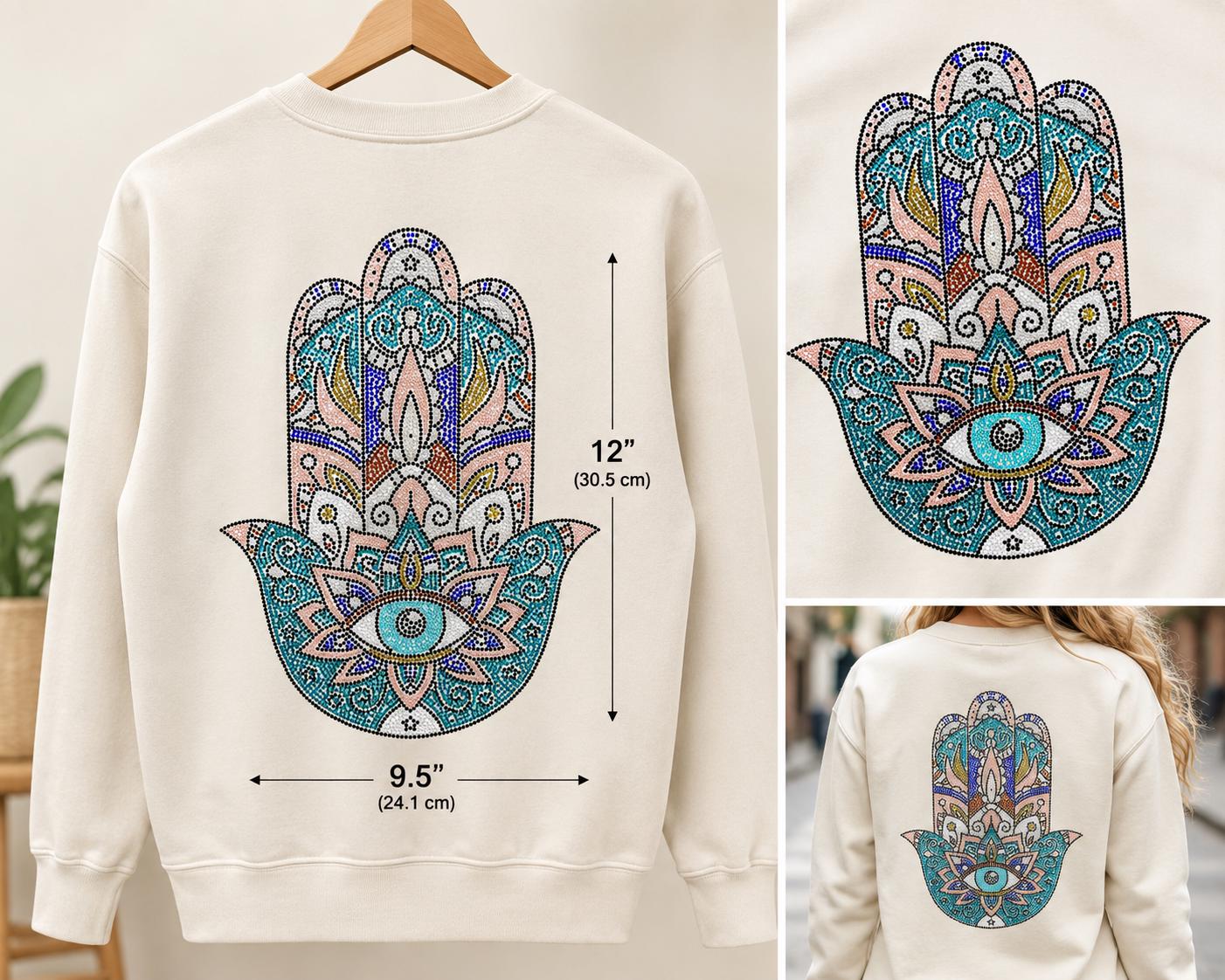Rhinestone Hamsa Hand Heat Transfer | Evil Eye Crystal Applique (9.5"x12")