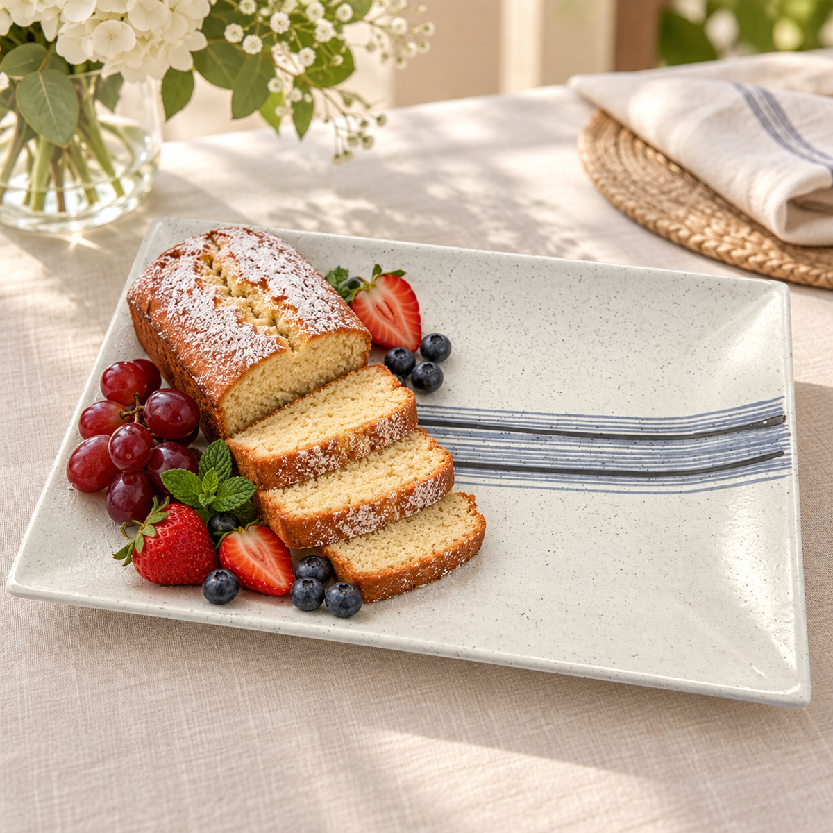 Ceramic serving platter styled with loaf cake, grapes, strawberries, and blueberries