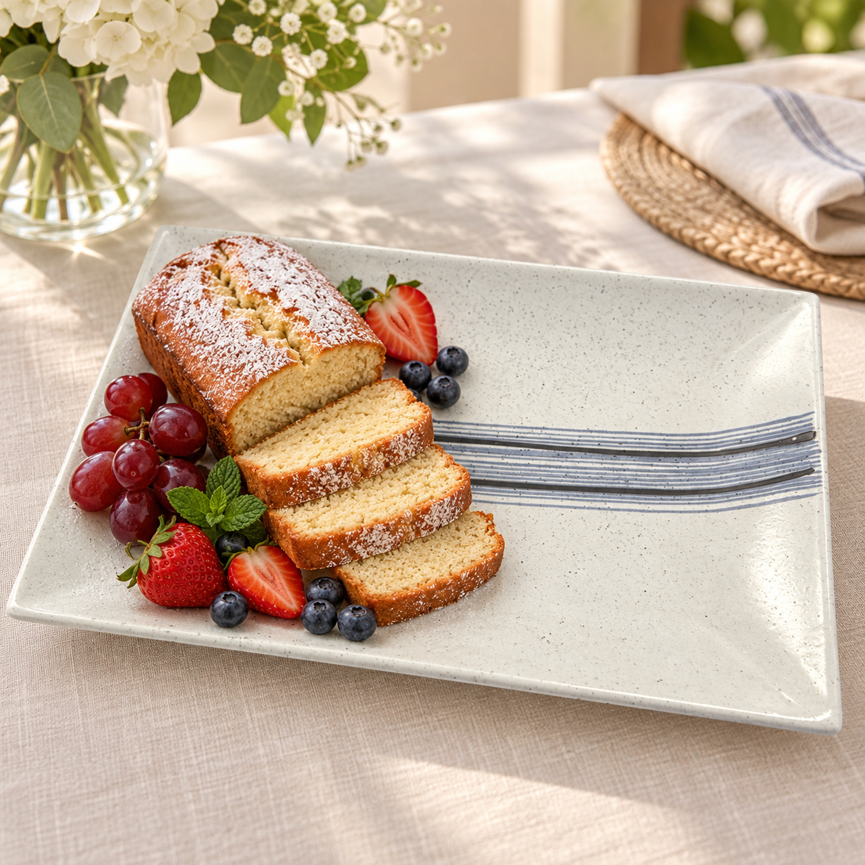 Ceramic serving platter styled with loaf cake, grapes, strawberries, and blueberries