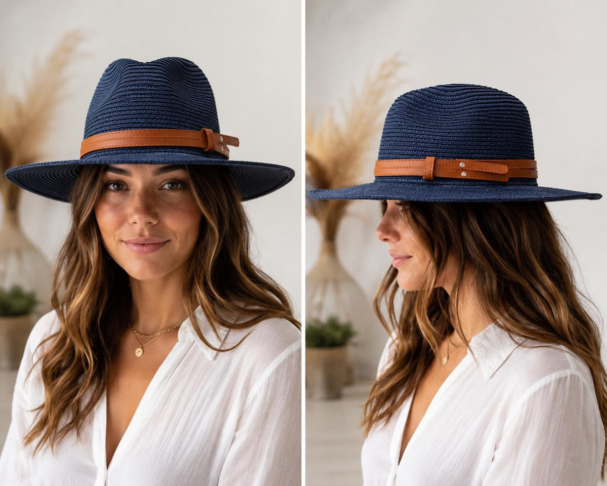 Wide Brim Woven Straw Fedora Hat | Unisex Summer Sun Hat, Faux Leather Band