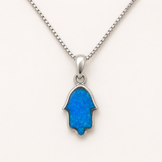 Women's classic blue opal Hamsa sterling silver necklace