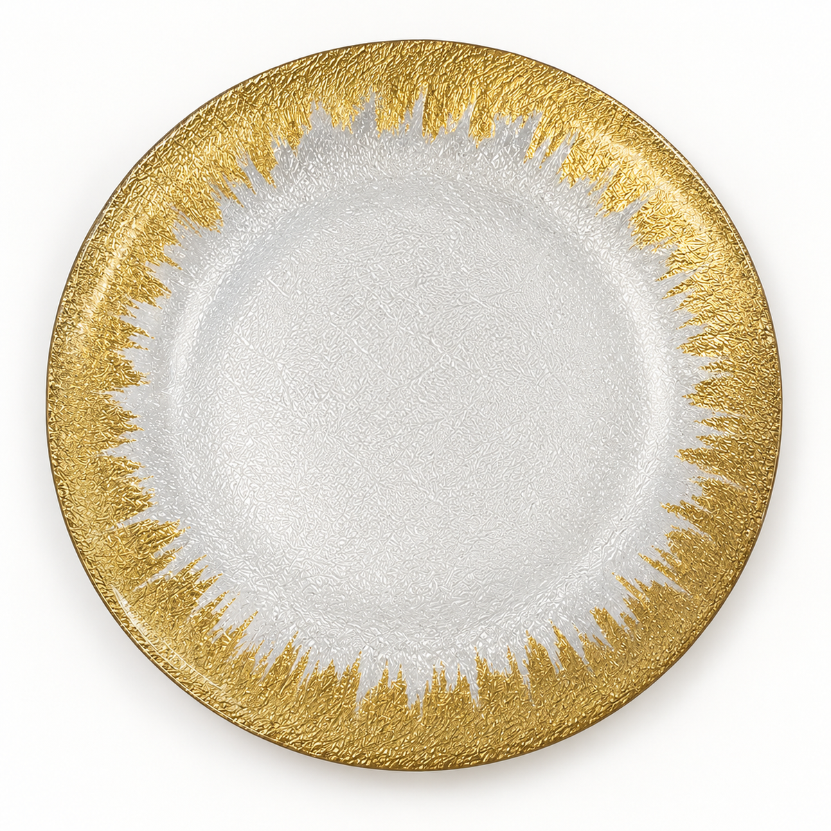 Clear glass serving plate with gold brushstroke border on a white background