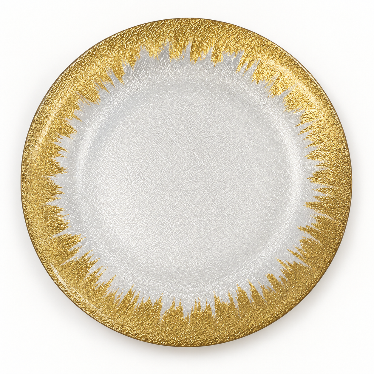 Clear glass serving plate with gold brushstroke border on a white background