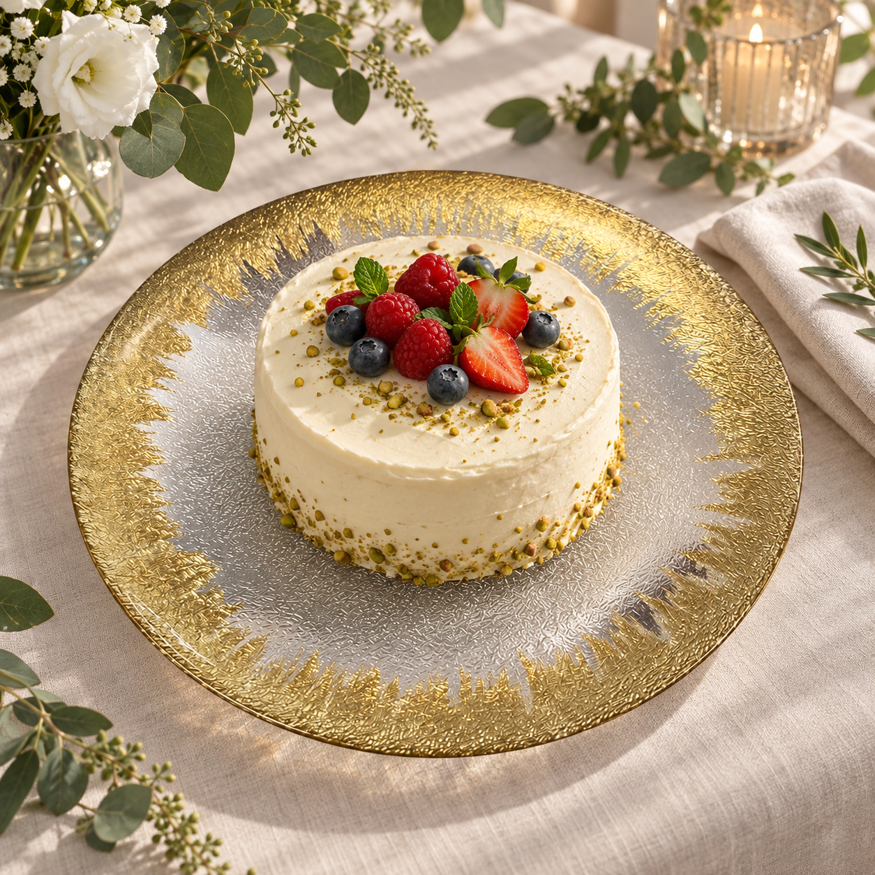 Clear glass serving plate with gold border styled with cake and fruit