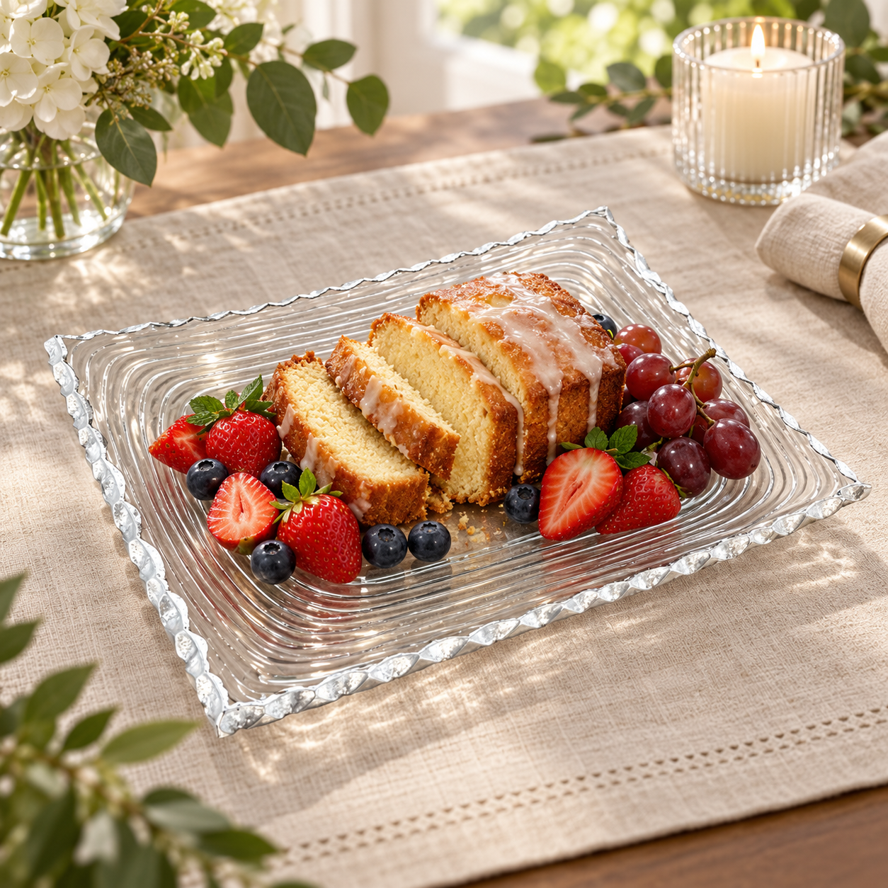 Clear glass silver-trim serving plate styled with cake and fresh fruit