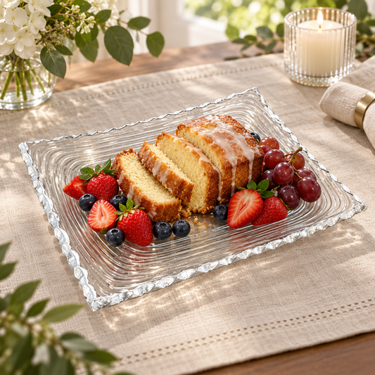 Clear glass silver-trim serving plate styled with cake and fresh fruit