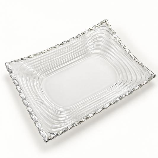 11-inch clear glass serving plate with hammered silver trim