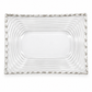 Overhead view of clear glass serving plate with ripple pattern and silver trim