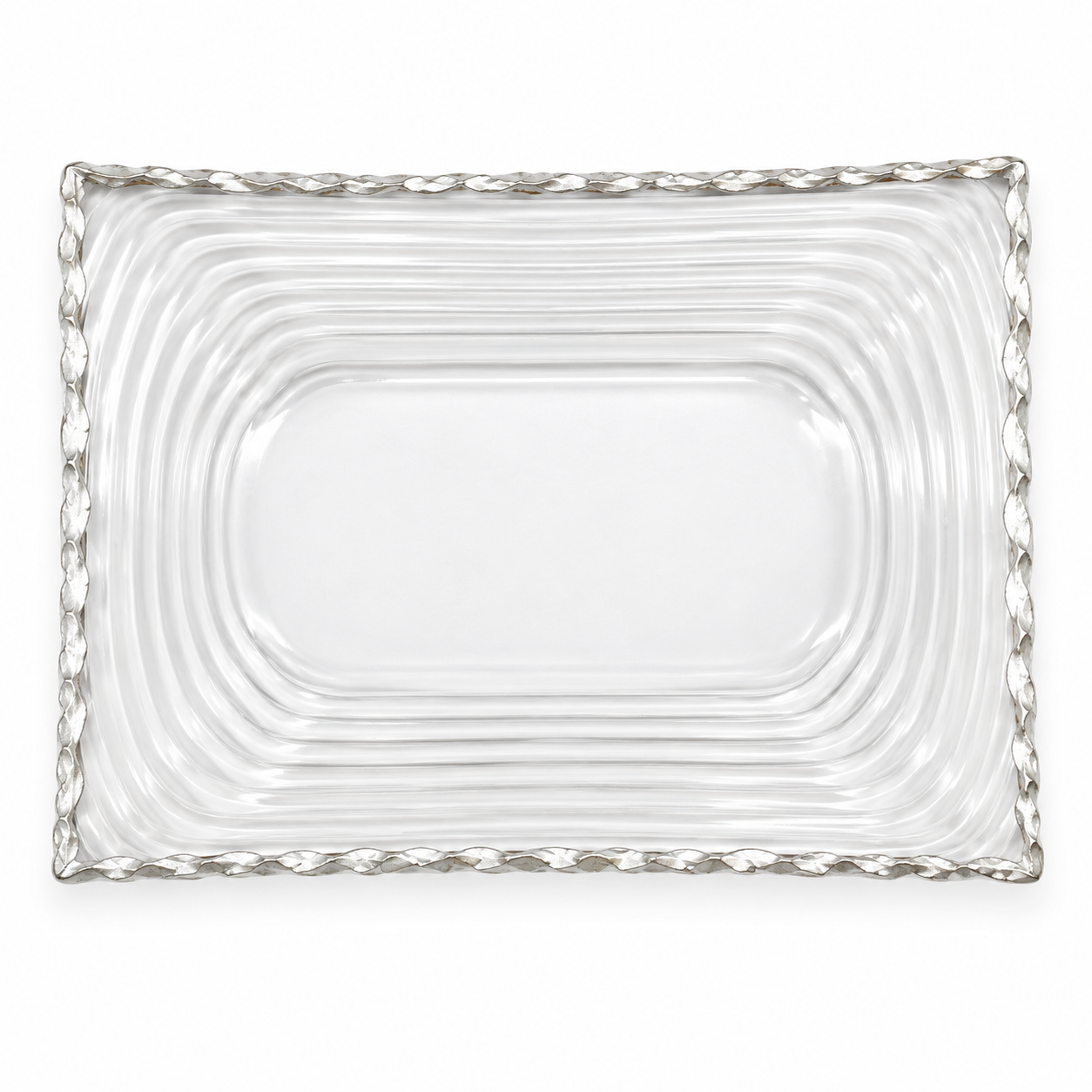 Overhead view of clear glass serving plate with ripple pattern and silver trim