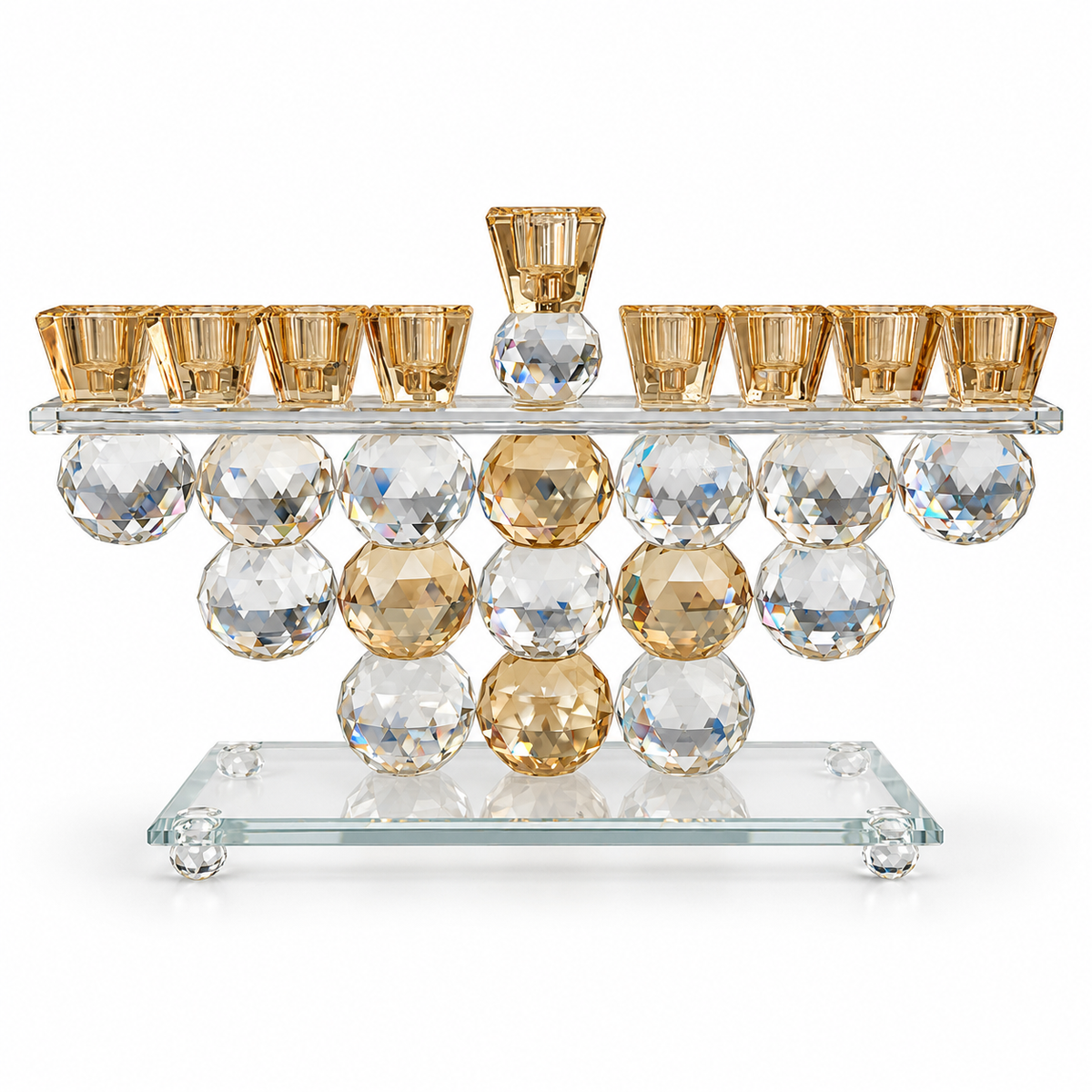 Crystal menorah with amber oil-cup holders and faceted clear and champagne spheres, front view