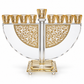 Crystal Hanukkah menorah with golden floral filigree plaques, 12 inches wide by 10 inches tall, on white background