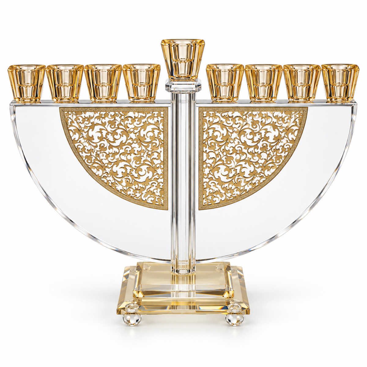 Crystal Hanukkah menorah with golden floral filigree plaques, 12 inches wide by 10 inches tall, on white background
