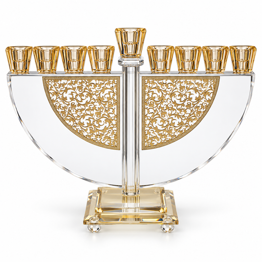 Crystal Hanukkah menorah with golden floral filigree plaques, 12 inches wide by 10 inches tall, on white background