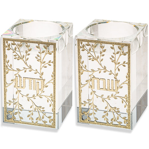 Pair of crystal Shabbat candlestick holders with gold floral plaques