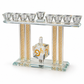 Crystal Tal Menorah with gold Hebrew lettering on the rotated dreidel, clean angled view on a white background