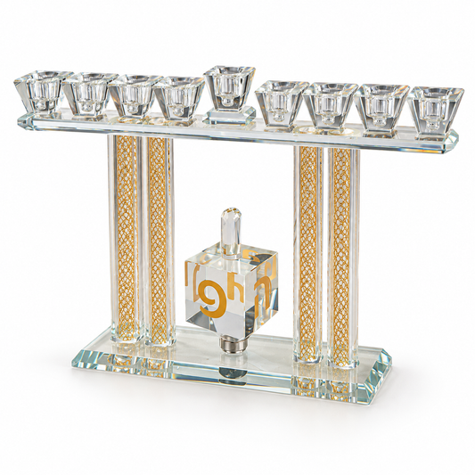 Crystal Tal Menorah with gold Hebrew lettering on the rotated dreidel, clean angled view on a white background