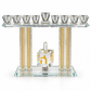 Crystal Tal Menorah with spinning dreidel and gold accents, clean front view on a white background