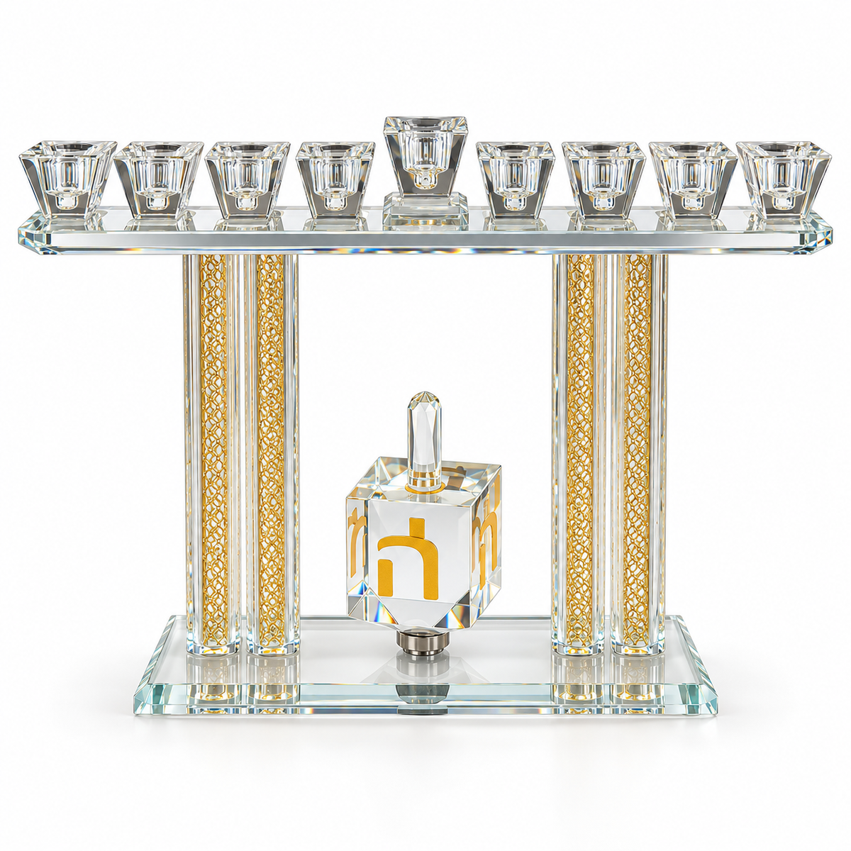 Crystal Tal Menorah with spinning dreidel and gold accents, clean front view on a white background
