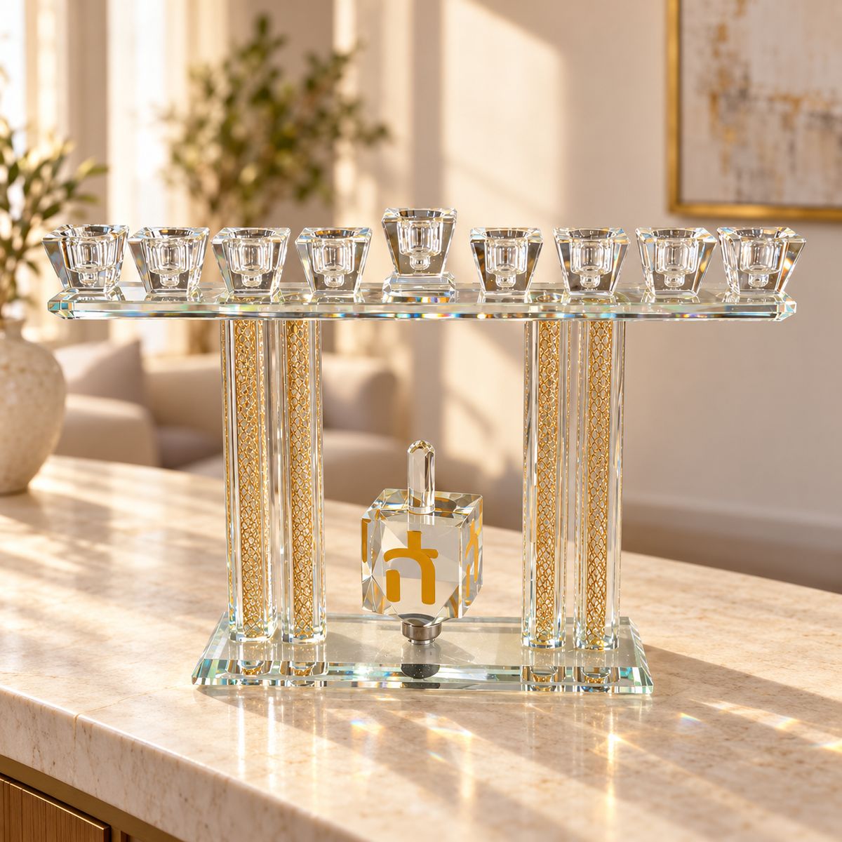 Crystal Tal Menorah with spinning dreidel on a stone console in a sunlit modern home