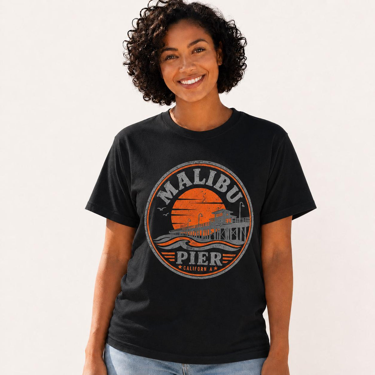 Malibu Pier California T-Shirt, Vintage Beach Graphic Tee, Retro Coastal Unisex Black