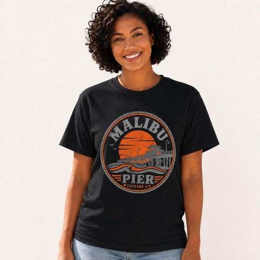 Malibu Pier California T-Shirt, Vintage Beach Graphic Tee, Retro Coastal Unisex Black