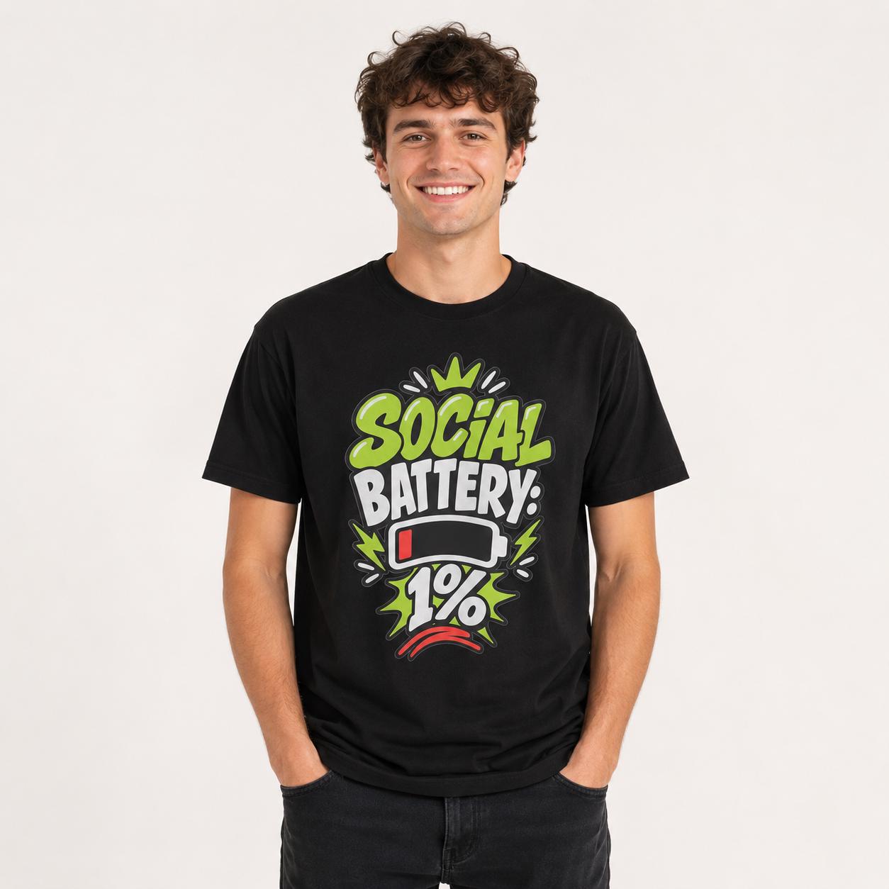 Social Battery 1% T-Shirt, Funny Introvert Graphic Tee, Low Battery Unisex Shirt