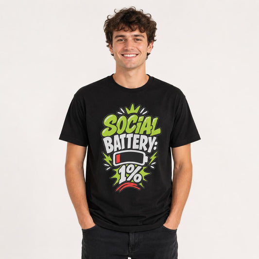 Social Battery 1% T-Shirt, Funny Introvert Graphic Tee, Low Battery Unisex Shirt