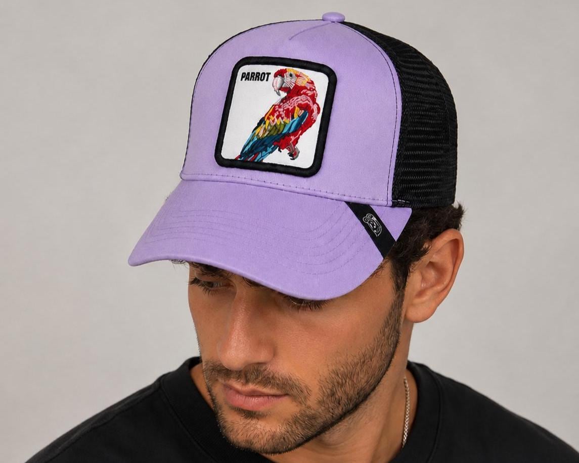 Lavender Parrot Trucker Hat | Embroidered Bird Patch Snapback Cap