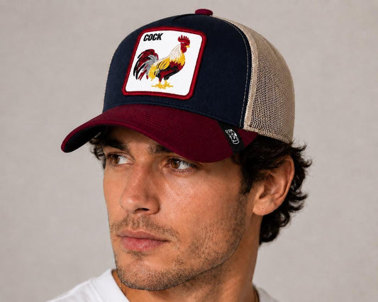Rooster "COCK" Embroidered Trucker Hat | Navy & Burgundy Mesh Snapback Cap | Adjustable Unisex Baseball Hat