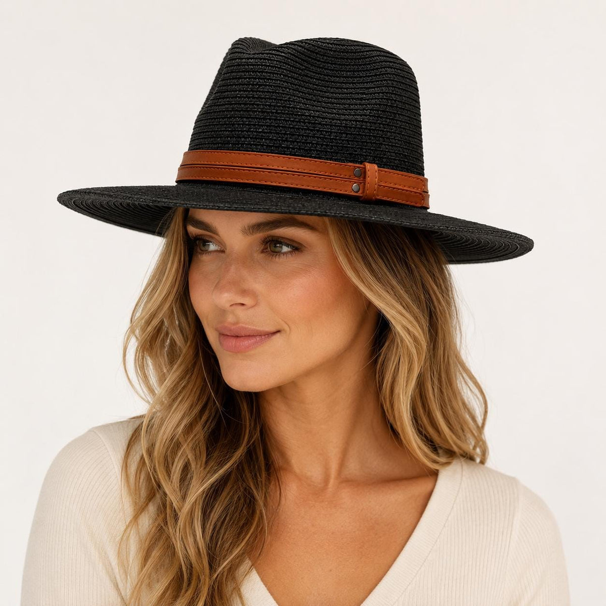 Wide Brim Woven Straw Fedora Hat | Unisex Summer Sun Hat, Faux Leather Band